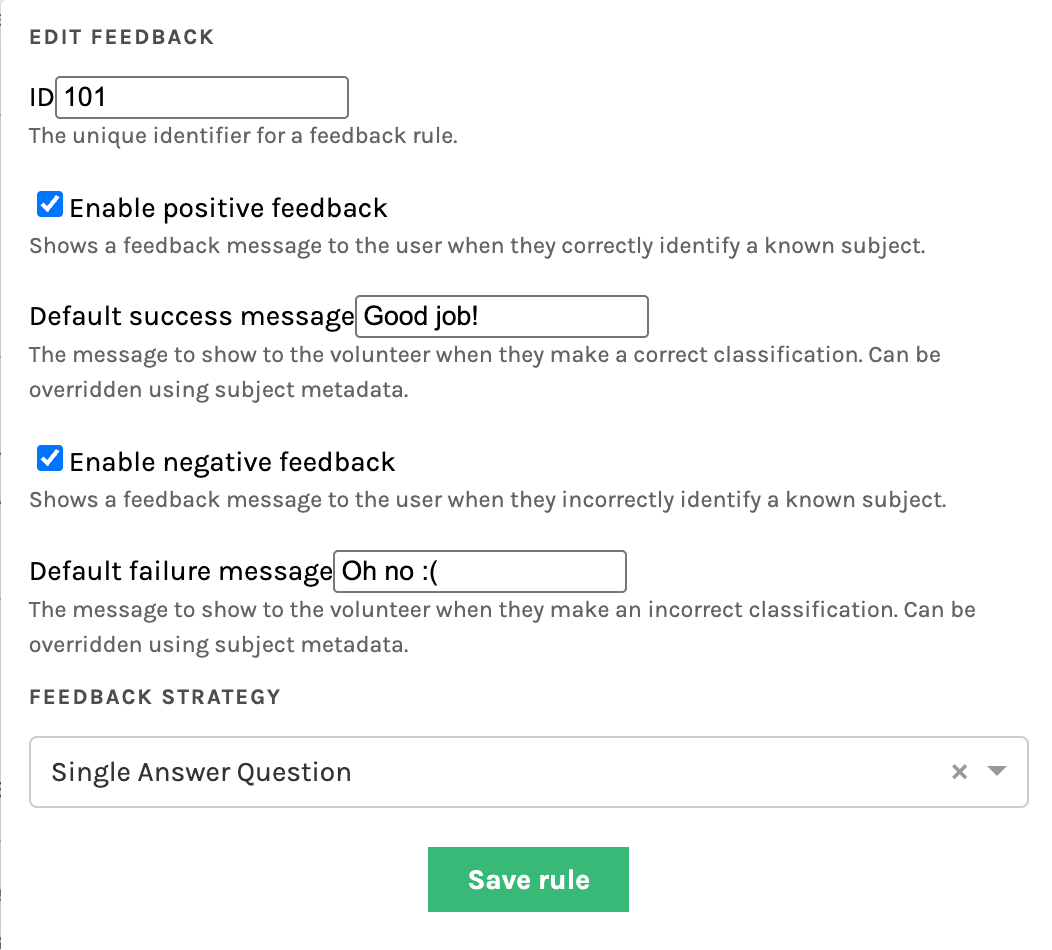 Figure 2. Example of a feedback rule configuration showing success and failure messages