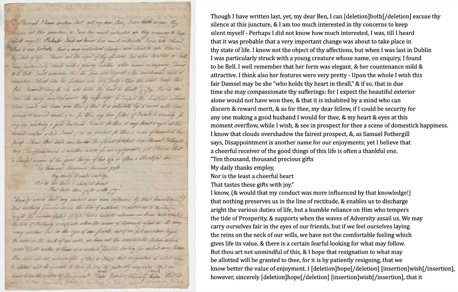 A side by side image, on the left is a manuscript letter from Mary Leadbeater, and on the right a digital transcription of that letter