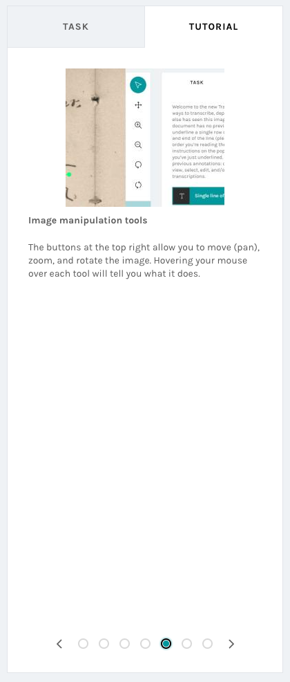 A screenshot of a Zooniverse Tutorial slide from the People’s Contest Digital Archive project, demonstrating how the team used an image to help illustrate the instructions on the slide. In this slide, the instructions describe how to use image manipulation tools like pan, zoom, and rotate. The Tutorial image displays what these buttons look like in the project classification interface.