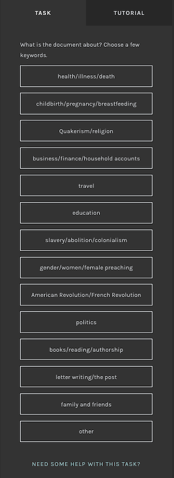 A screenshot showing a question task input area from a Zooniverse project. The task label reads 'What is the document about? Choose a few keywords.', and the options are "health/illness/death", "childbirth/pregnancy/breastfeeding", "Quakerism/religion", "business/finance/household accounts", "travel", "education", "slavery/abolition/colonialism", "gender/women/female preaching", "American Revolution/French Revolution", "politics", "books/reading/authorship", "letter writing/the post", "family and friends", "other".