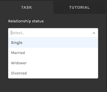 A screenshot showing a multi-step dropdown task input area from a Zooniverse project. The task label reads 'Relationship status', and an open dropdown menu is shown underneath, with the options 'Single', 'Married', 'Widower', and 'Divorced'.