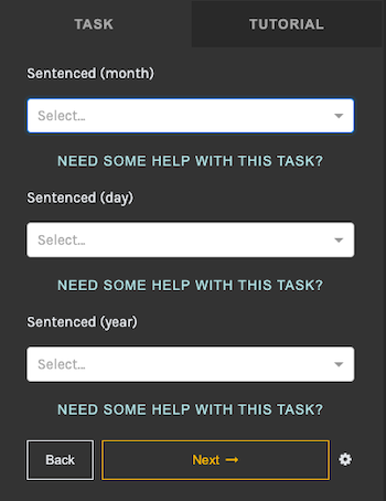 A screenshot showing the multi-step dropdown task input area from a Zooniverse project. The three task labels read 'Sentenced (month)', 'Sentenced (day)', and 'Sentenced (year)'. For each field, an unopened dropdown menu is shown underneath.