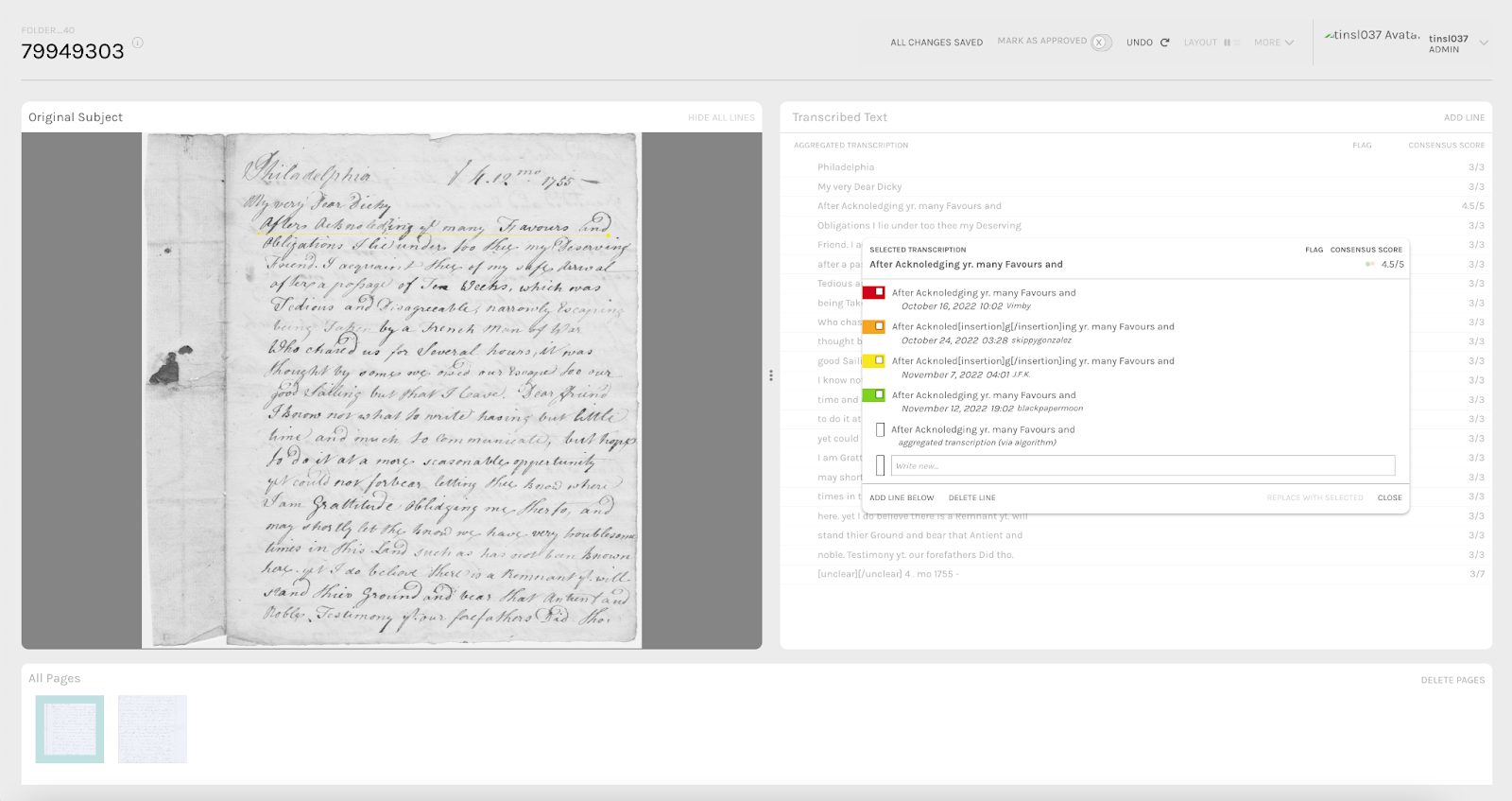 A screenshot of the ALICE interface for processing transcribed data using the Zooniverse text transcription task. On the left side of the screenshot, under the title ‘Original Subject’ is a photograph of an 18th century letter written in cursive. The first line of the letter is underlined in yellow. On the right side of the screenshot is the transcribed text corresponding to each line. This has been grayed out and a popup window appears above the text, with 4 separate transcriptions of the line. Each transcription indicates the date it was submitted and the user who submitted it. Below, there is an ‘aggregated transcription (Via algorithm)” or the option to enter an entirely new transcription.