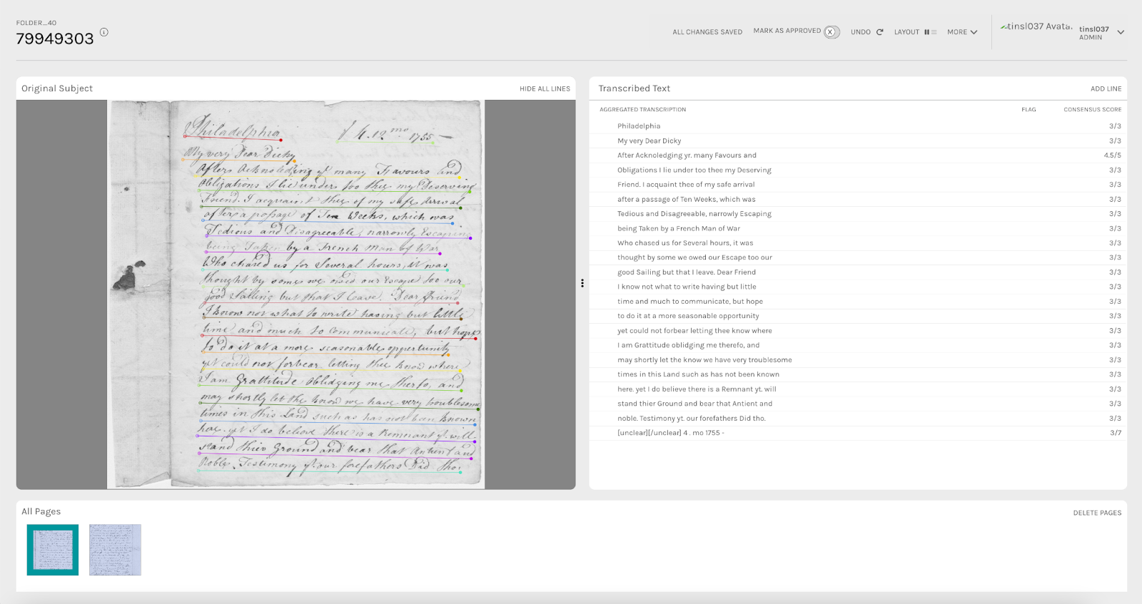 A screenshot of the ALICE interface for processing transcribed data using the Zooniverse text transcription task. On the left side of the screenshot, under the title “Original Subject” is a photograph of an 18th century letter written in cursive. Each line of text is underlined in a bright color. On the right side of the screenshot is the transcribed text, corresponding to each line. Next to each line of transcribed text are columns titled ‘flag’ and ‘consensus score.’